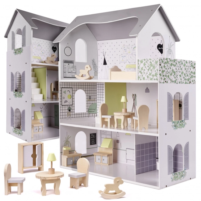 Poppenhuisje met grijs houten meubels