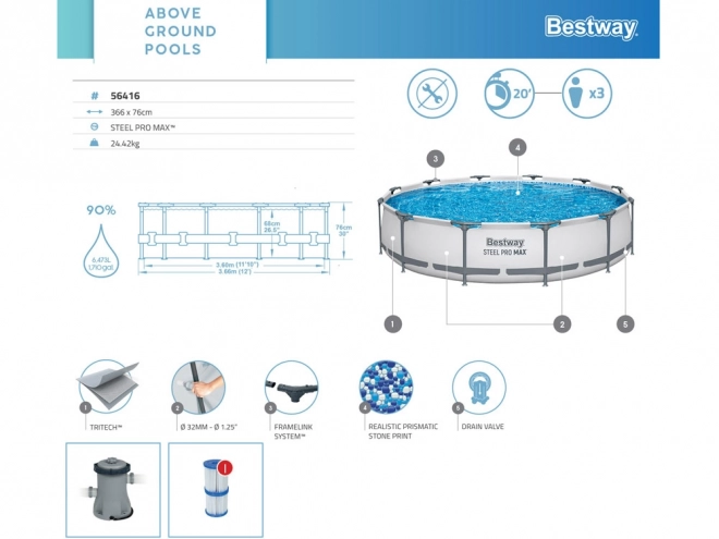 Bestway Steel Pro Max zwembad 6,473L 366x76 cm met pomp en filter