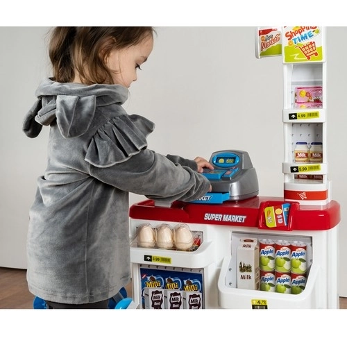 Supermarkt met kassa, winkelmandje en accessoires
