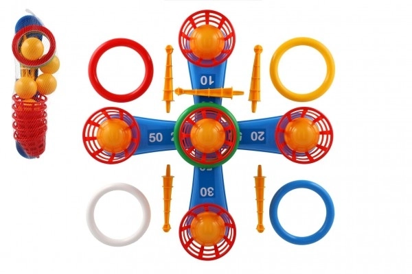 Gooi spel plastic kruis met ringen + mandjes met balletjes in net