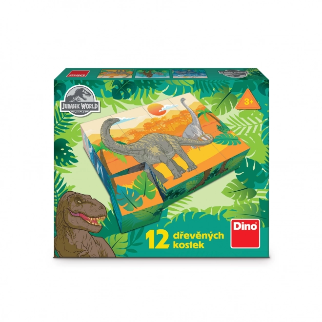 Blokjes kubus Jurassic wereld hout 12 stuks in doosje 22x18x4cm