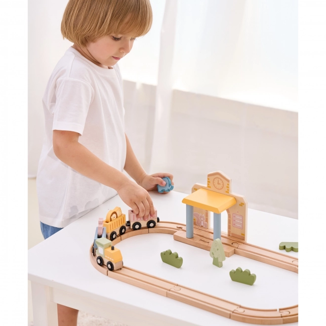 Houten treinset met batterijvoeding