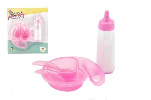 Poppen set plastic flesje, kommetje met bestek op kaart 19x22x4cm
