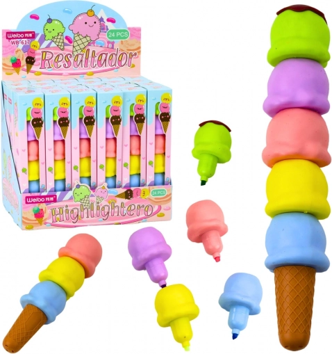 Pastelkleurige markeerstiften in de vorm van ijsjes, 5 kleuren, 18 cm
