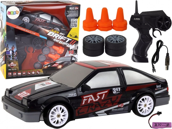 Sportieve RC-auto 1:24 zwart met verwisselbare wielen
