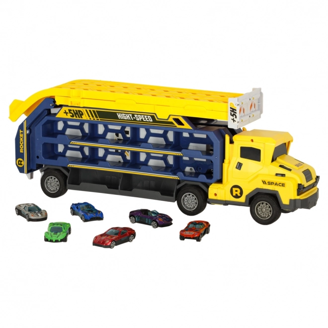 Gele racebaan met transporter - 6 onderdelen