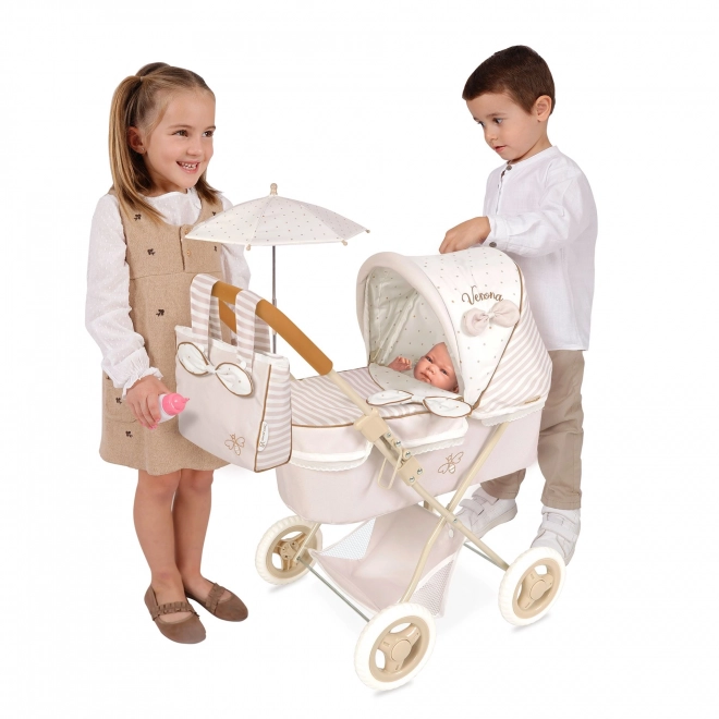 Opvouwbare poppenwagen met parasol en tas Verona 60 cm