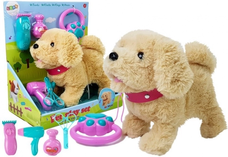 Pluche hondje aan de lijn op batterijen – crème met accessoires