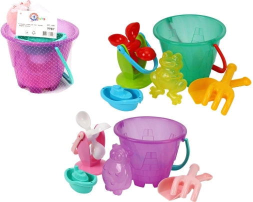 Kunststof set voor zand en water met emmer en molentje in net 20 × 19 cm