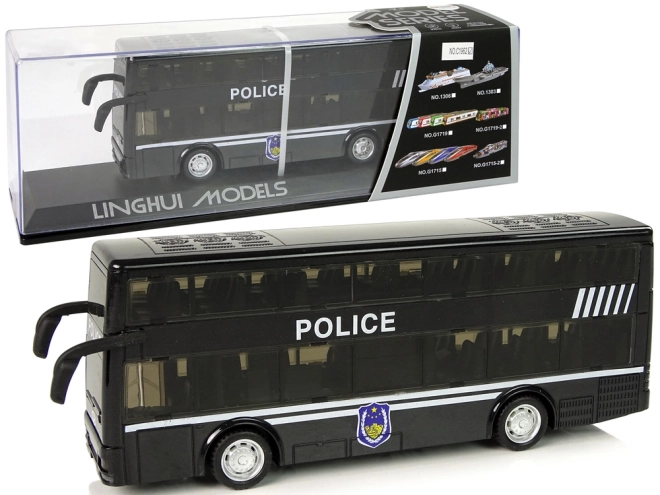 Politie dubbeldekker zwarte bus met wrijvingsaandrijving