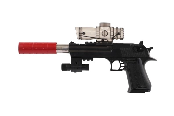 Pistool plastic/metaal 33cm voor waterkogeltjes + kogels 9-11mm op batterijen met licht in doos 34x13x4cm