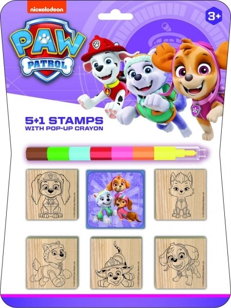 Stempels 5+1 met houten kussen 5x5cm met waskrijt Paw Patrol op kaart