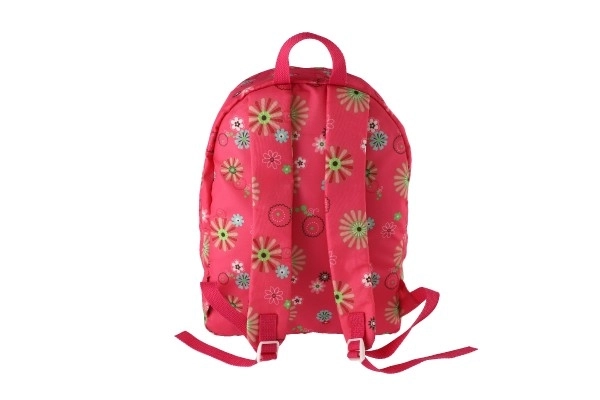 Roze rugzak met draagzak voor pop met bloemenpatroon
