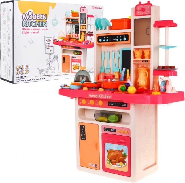 Kinderkeuken met watertap en stoombrander, audiopaneel, 65 stuks – Roze