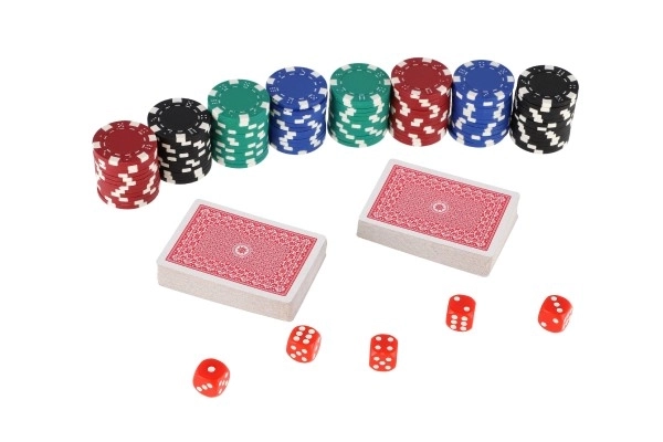 Pokerset 100 stuks + kaarten + dobbelstenen in koffertje in doos 28x25x8cm