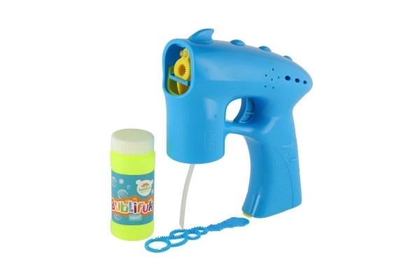 Bellenblaaspistool blauw plastic 13cm + vulling op batterijen op kaart