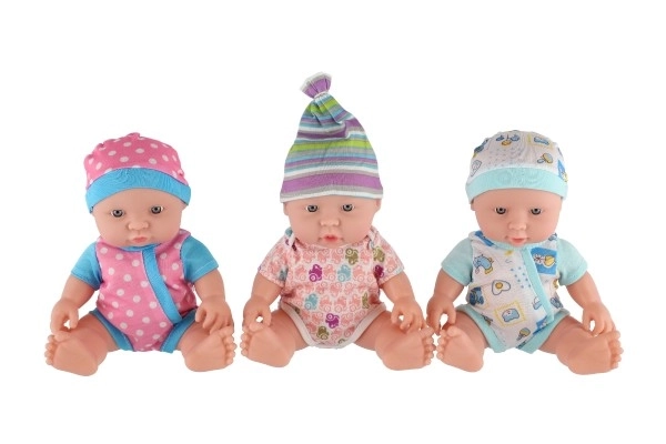 Baby/pop hard lichaam plastic 25 cm op batterijen met geluid 3 soorten in plastic tasje 13x28x7cm