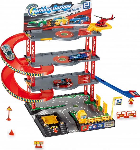 Parkeerstation met 3 metalen auto's en een helikopter 59x27x39 cm