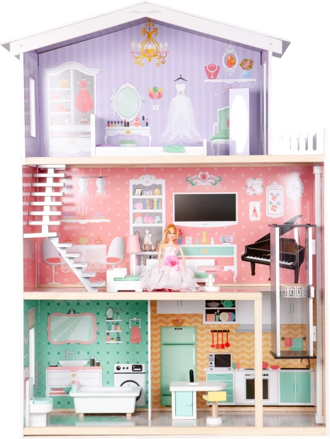 Grote houten poppenhuis met lift ECOTOYS