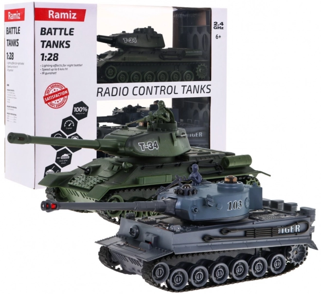 Op afstand bestuurbare 2 tanks T-34 vs. Tiger voor kinderen 3+ Schietende modellen 1:28 + Grote tankgevecht + Licht- en geluidseffecten