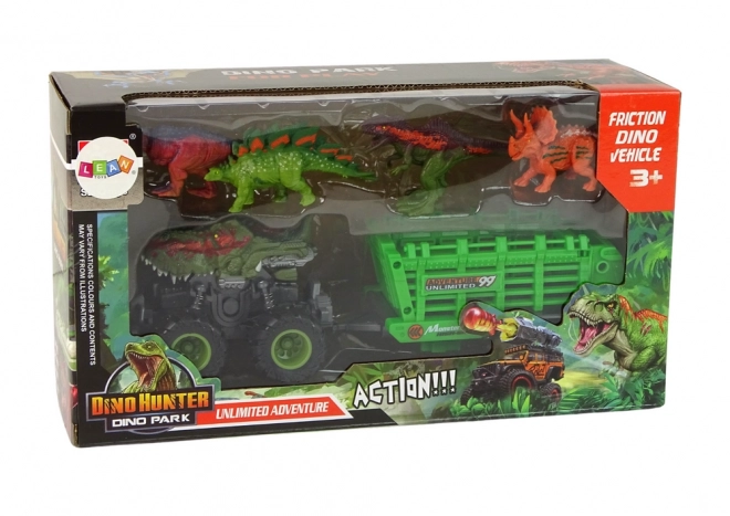 Dinosauruswagen met aanhanger en 4 dinosaurusfiguren