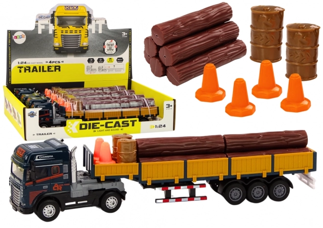 Blauwe houten vrachtwagen trailer 1:24 Boomstammen Geluid Lichten