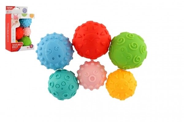 Set van 6 tekstuurballen rubber 6-8cm in doos 15x24x8cm 6m+
