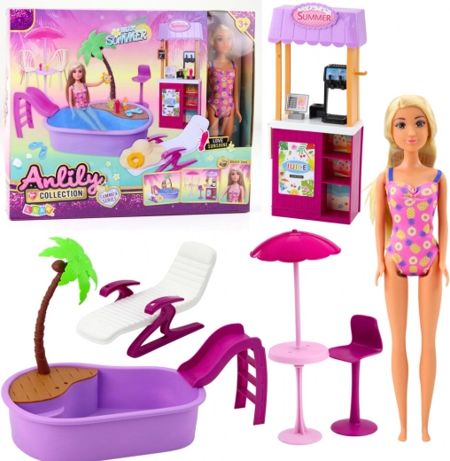 Pop ANLILY op het strand met zwembad en drankenkraam