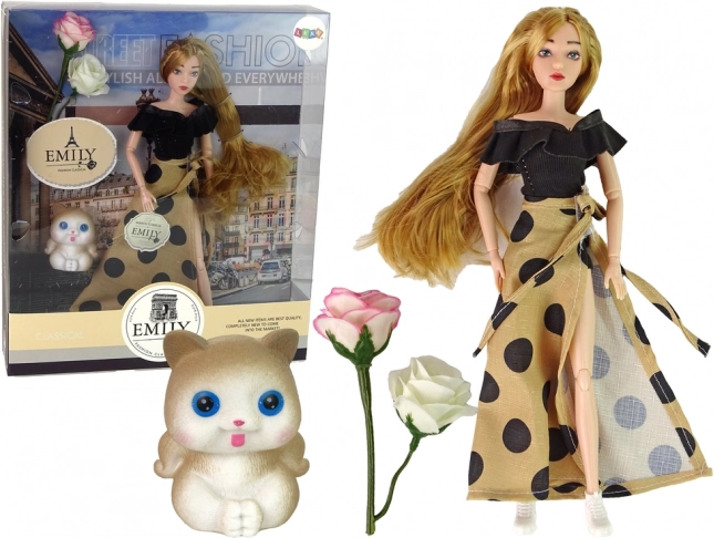 Stoffen pop Emily met kitten en rozen, lang haar