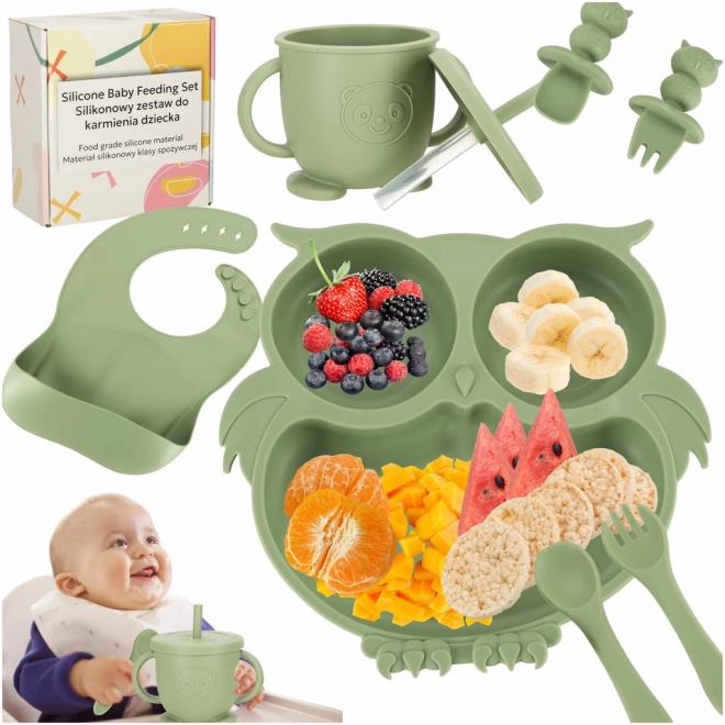Siliconen kinderservies met uilenmotief in legergroen