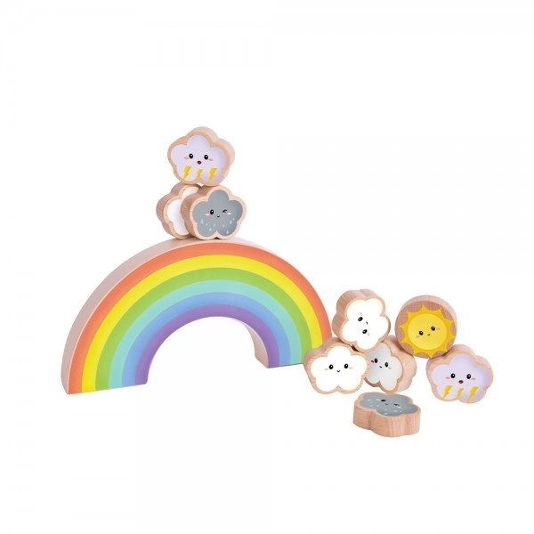 Houten balans regenboogspel met wolken