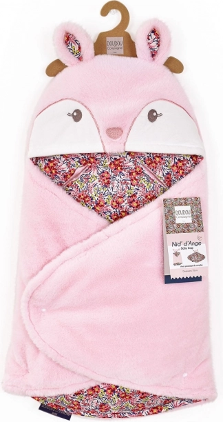 Doudou roze pluche deken met capuchon Boh'aime 70 cm