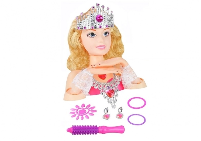 Hoofd van stijlloze pop met kroon + accessoires