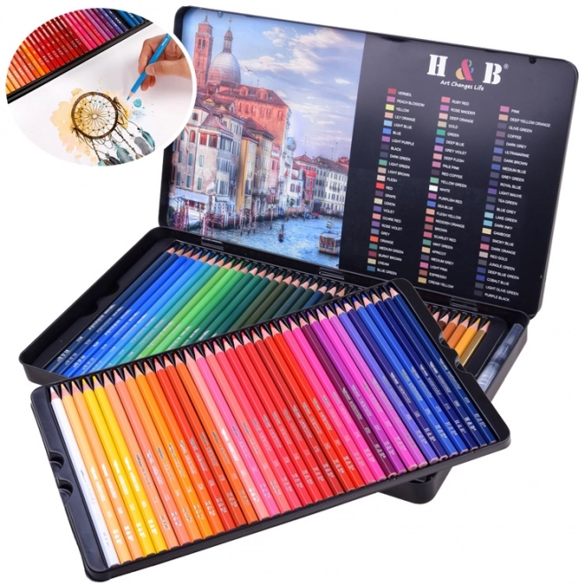 Set van aquarelpotloden 72 kleuren in metalen doos