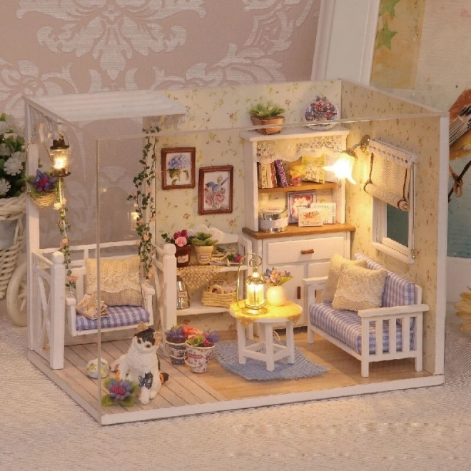 Houten poppenhuis in retro stijl met LED-verlichting