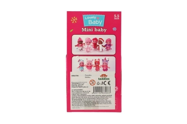 Poppenbaby met muts kunststof stevig lichaam 15cm 4 soorten in doosje 9x16x6cm