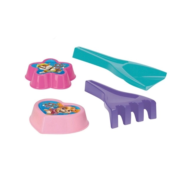 Zandset 4-delig plastic schep, harkje, 2 mallen PAW Patrol 4 kleuren in netje