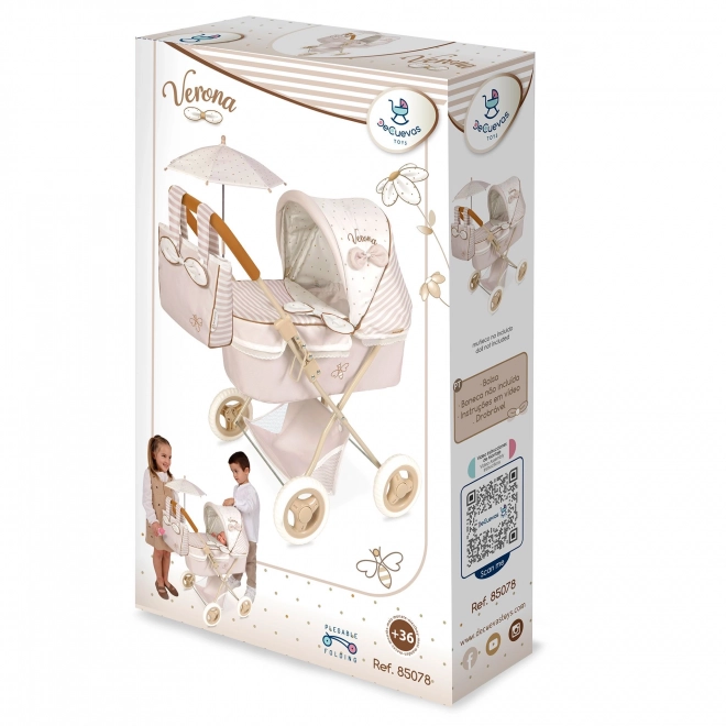 Opvouwbare poppenwagen met parasol en tas Verona 60 cm