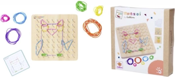 Montessori geometrische plank met gekleurde elastiekjes