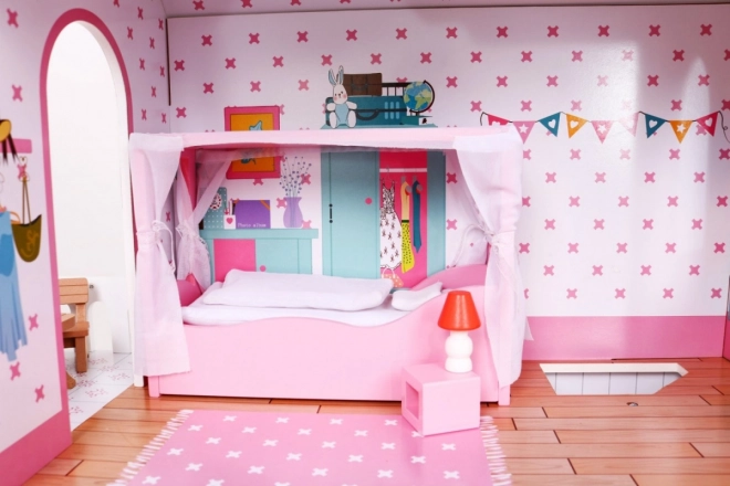 Houten poppenhuis Roze voor kinderen 3+ met uitrusting en meubels