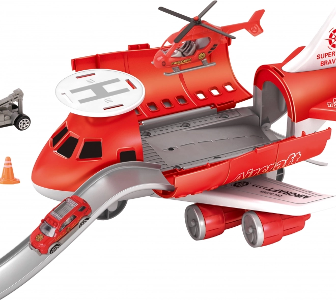 Brandweervliegtuigstation met voertuigen en helikopter