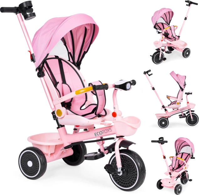 Kinderdriewieler 2-in-1 met draaibare zitting en inklapbare kap, roze ECOTOYS