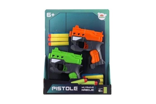 2 stuks pistolen 12 cm plastic voor schuimrubberen kogels + 6 stuks kogels op kaart