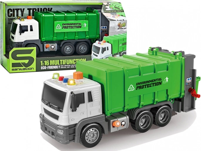Vuilniswagen met frictieaandrijving en geluidseffecten, groen 1:16 – leren afval scheiden