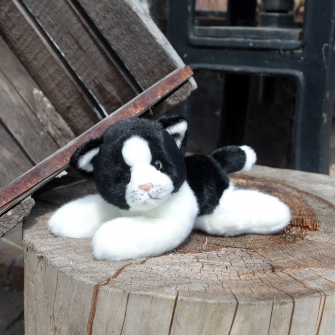 Pluche kat wit-zwart liggend 16 cm ECO-VRIENDELIJK