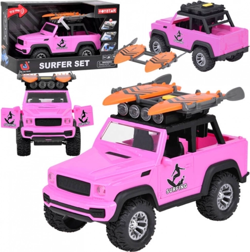 Roze terreinwagen met surfplanken en geluiden voor kinderen