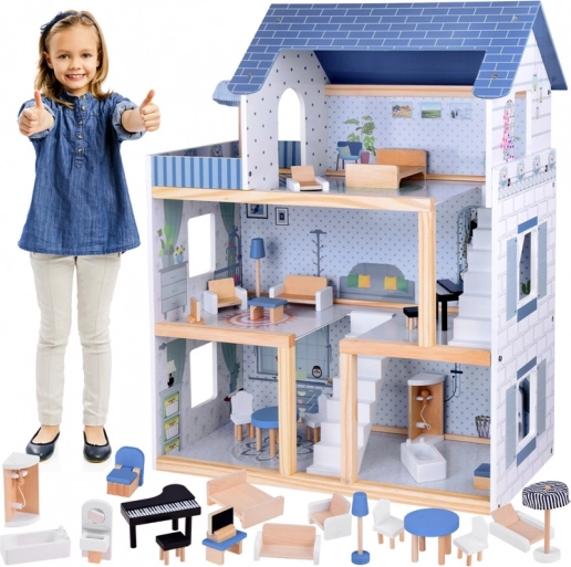 Blauw houten poppenhuis + meubels 3 verdiepingen ZA5273