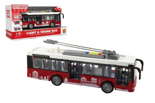 Bus/trolleybus kunststof 28cm met vliegwiel op batterij met licht en geluid in doos 32x17x11cm