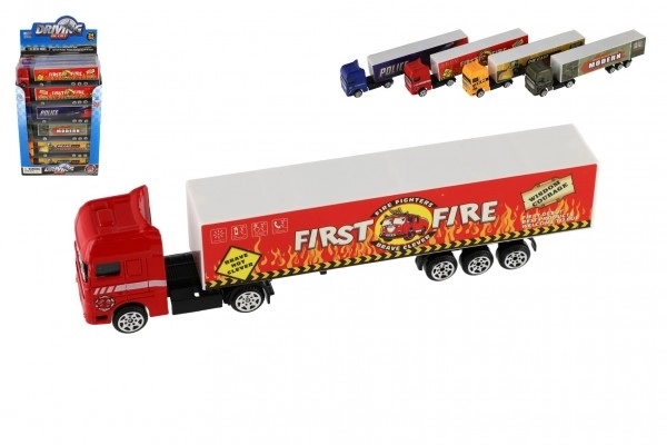 Vrachtwagen met aanhanger metaal/plastic 20cm vrij rollend assortiment in plastic doosje 20x5x3cm