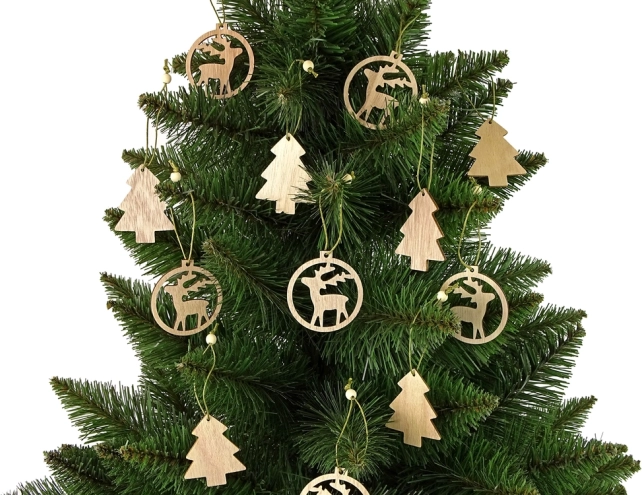 Houten kerstversieringen – set van 12 stuks, boompje en rendier